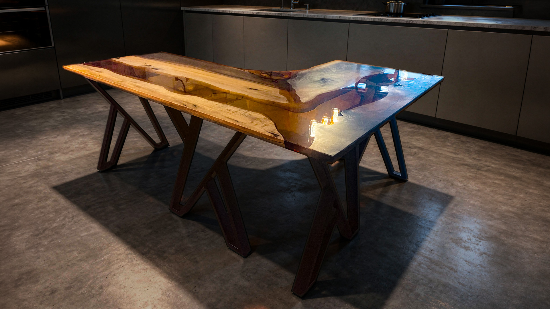 Custom epoxy river table handcrafted by WCMT Studios, displayed in a modern kitchen setting