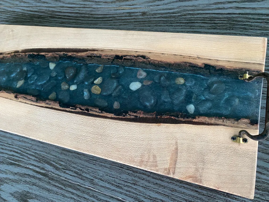 Black Walnut Epoxy River Serving Board with River Rock & Antique Handles - Image 3