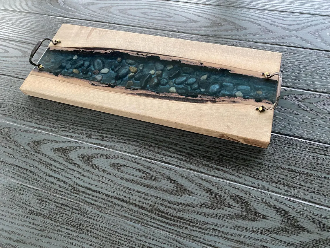 Black Walnut Epoxy River Serving Board with River Rock & Antique Handles - Image 4