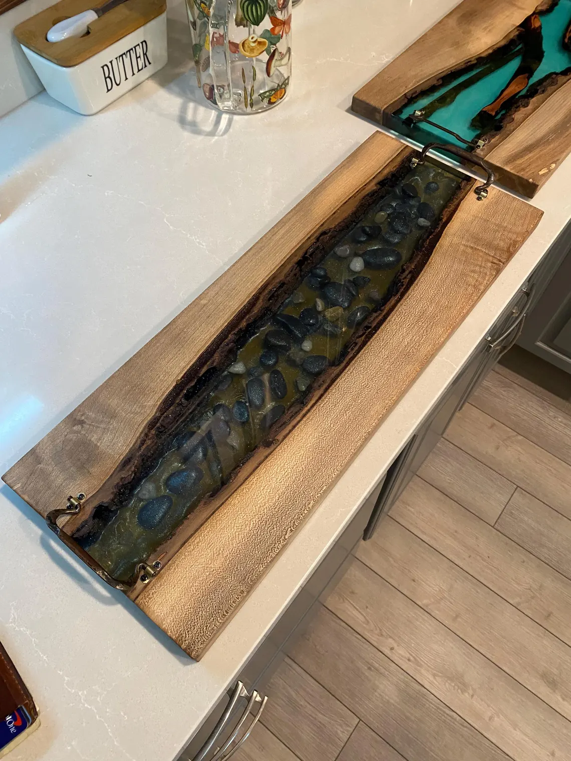 Black Walnut Epoxy River Serving Board with River Rock & Antique Handles - Image 2