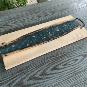 Black Walnut Epoxy River Serving Board with River Rock & Antique Handles