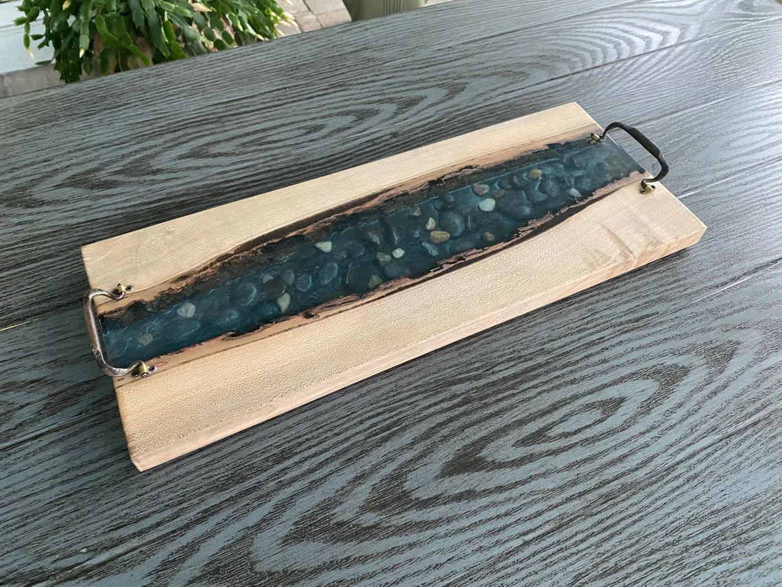 Black Walnut Epoxy River Serving Board with River Rock & Antique Handles